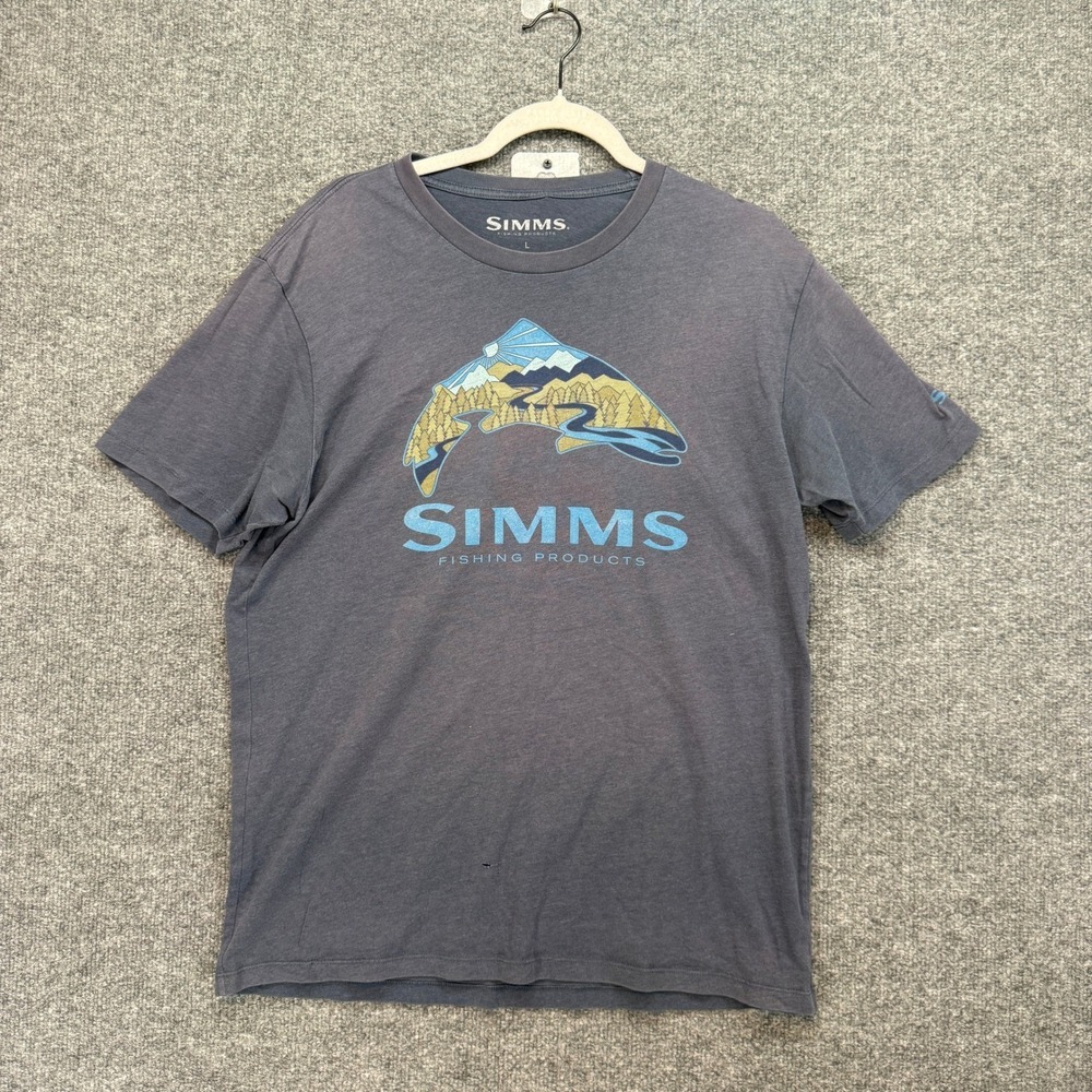 Simms Shirt Mens Large Gray Graphic Tee Trout Mountain River Outdoor Fishing Tee